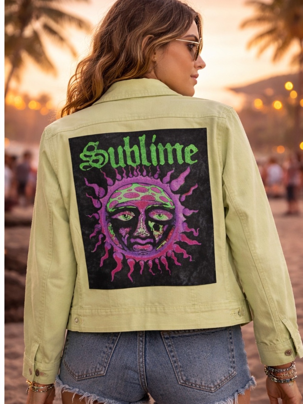 SUBLIME Graphic Tee Custom Upcycled lime Green Denim Jacket Size XL Custom OOAK